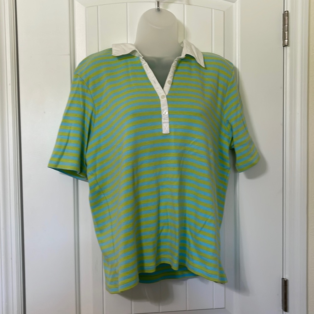 Liz Claiborne Liz Sport Green and Blue Striped Polo Shirt. Size Large.